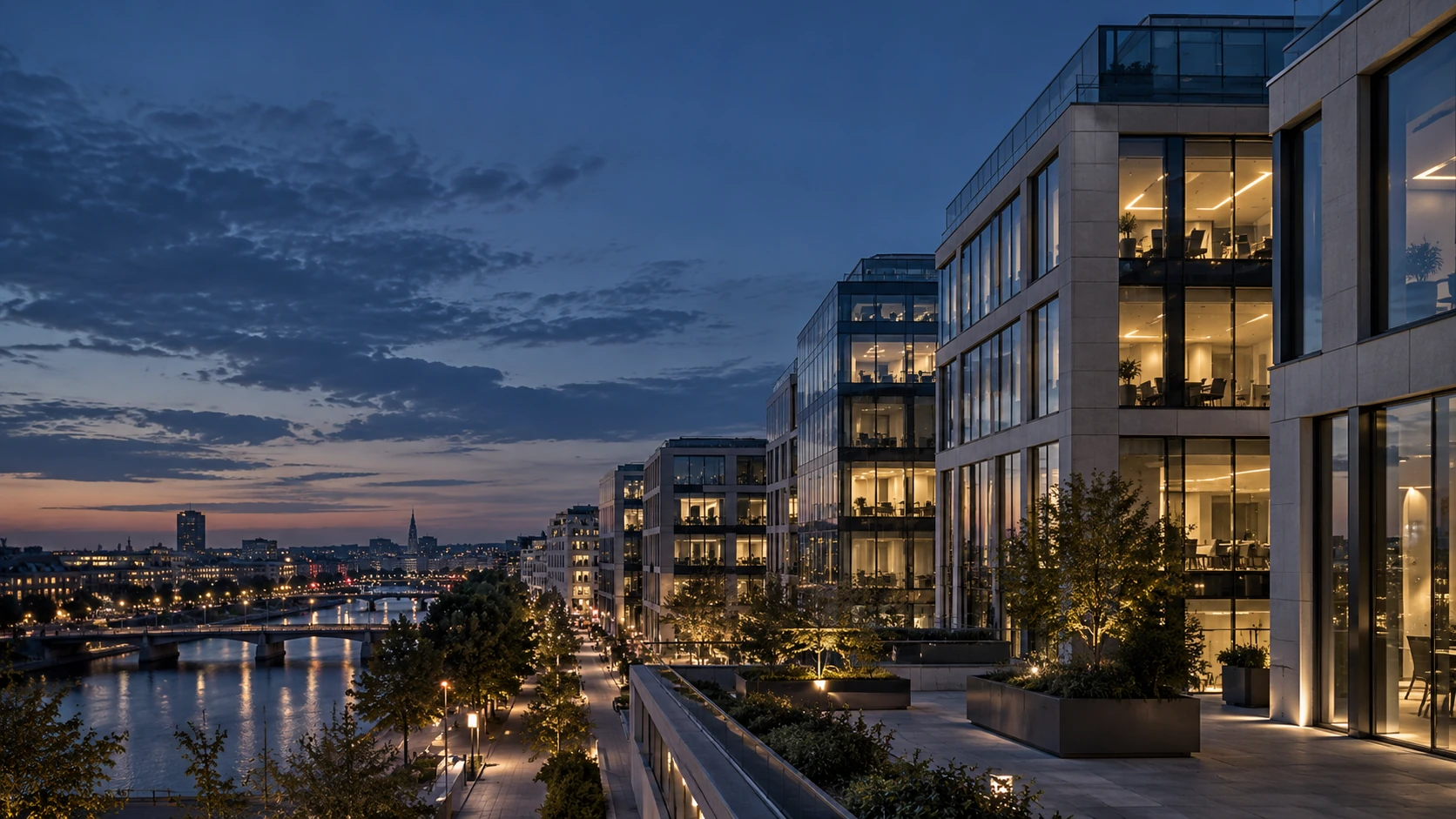 Contemporary European business architecture at blue hour
