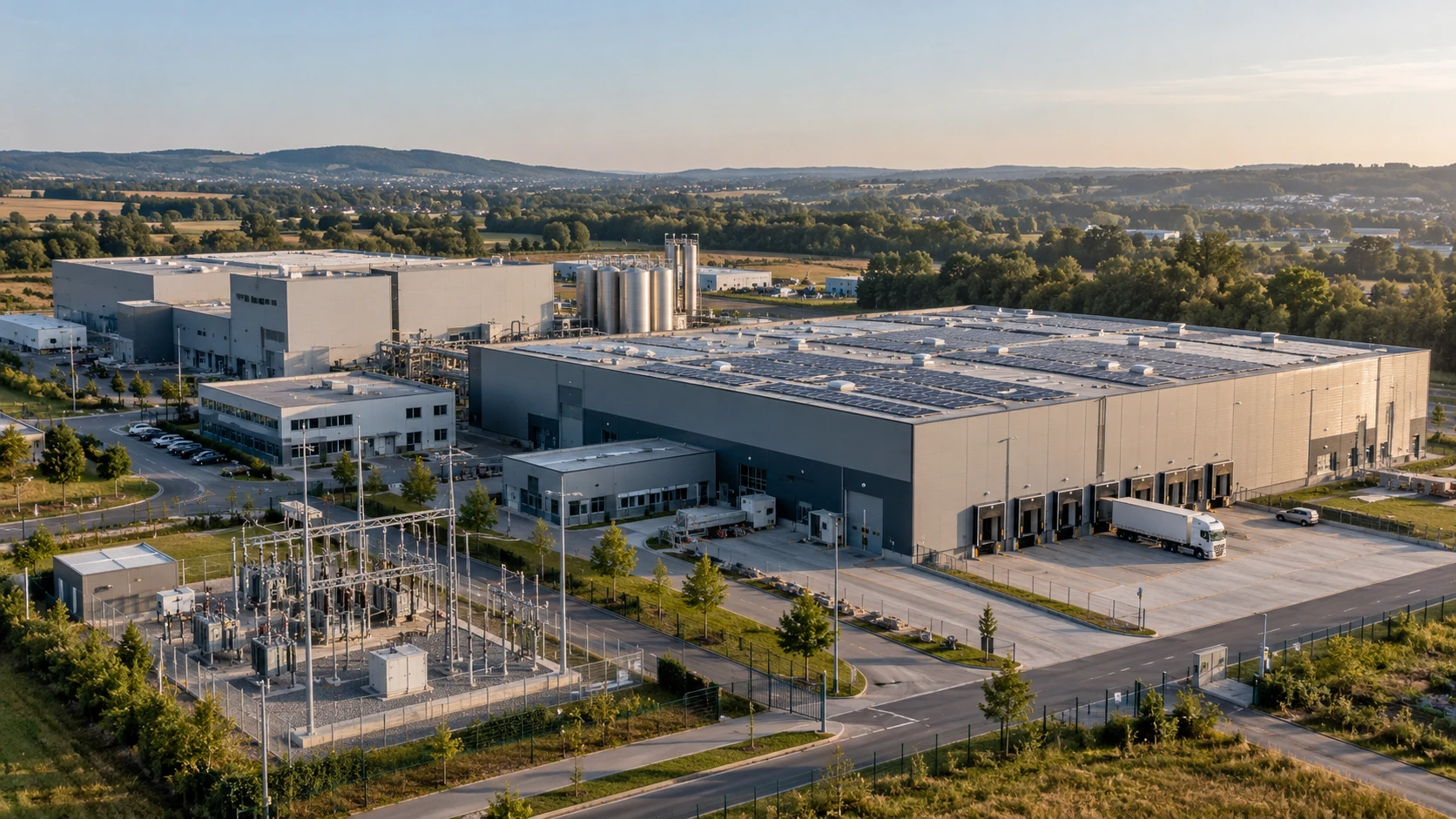 Illustrative industrial and logistics infrastructure with rooftop solar