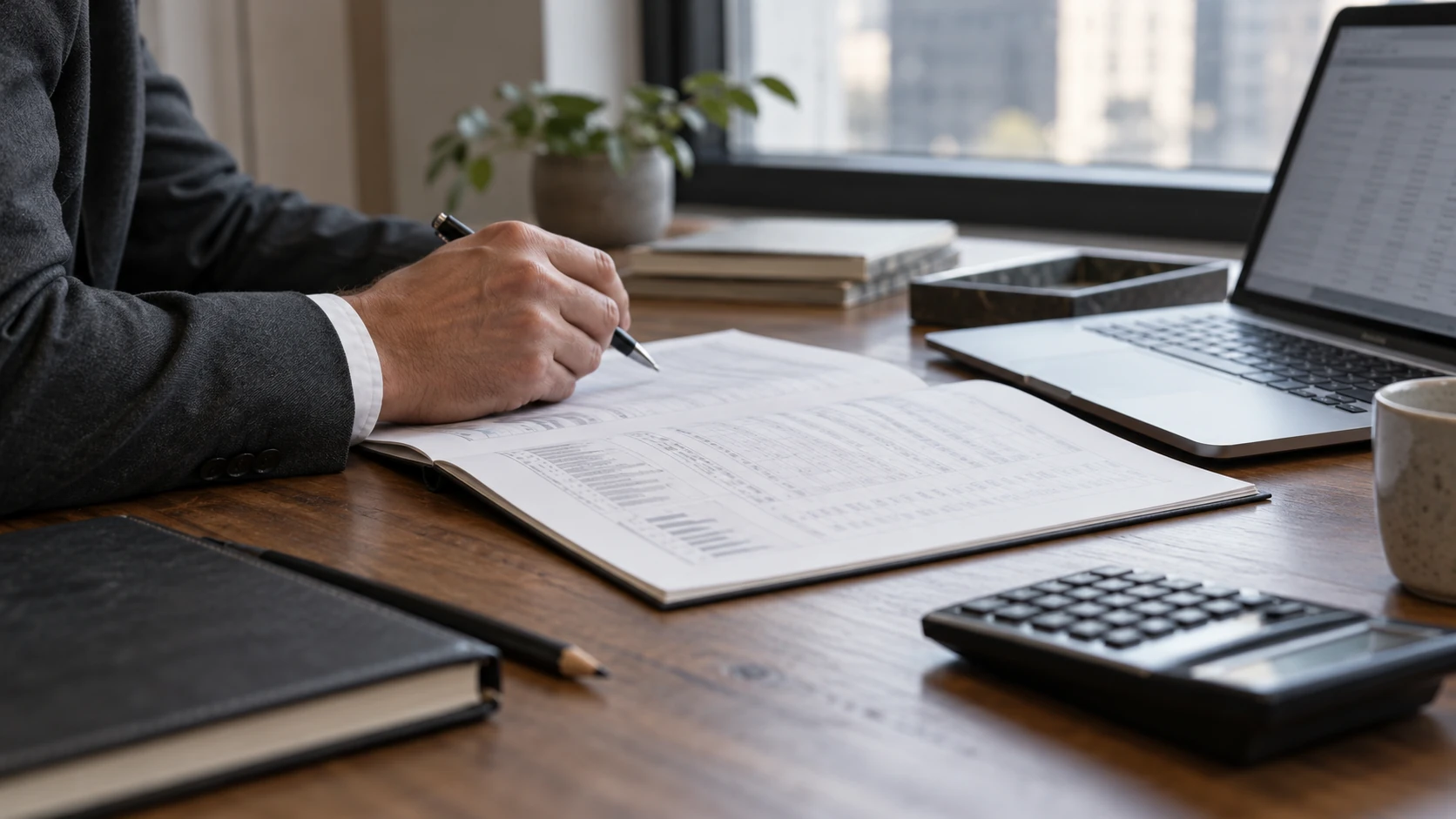 Illustrative financial review with reports and a calculator